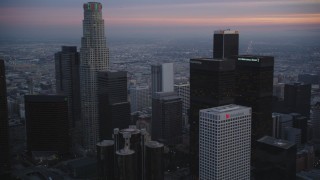 5K aerial stock footage flyby skyscrapers in Downtown Los Angeles, California at twilight Aerial Stock Footage | DCLA_075