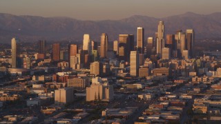 5K aerial stock footage of a slow approach to Downtown Los Angeles, California at sunset Aerial Stock Footage | DCLA_208