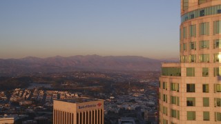 5K aerial stock footage flyby US Bank Tower in Downtown Los Angeles at sunset, California Aerial Stock Footage | DCLA_214