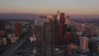 5K aerial stock footage flyby Ritz-Carlton and Downtown Los Angeles skyscrapers at twilight, California Aerial Stock Footage | DCLA_237