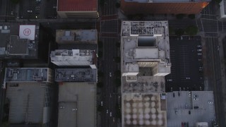 5K aerial stock footage bird's eye view of Flower Street through Downtown Los Angeles at twilight, California Aerial Stock Footage | DCLA_248