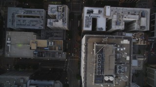 5K aerial stock footage bird's eye of Grand Avenue in Downtown Los Angeles at twilight, California Aerial Stock Footage | DCLA_257