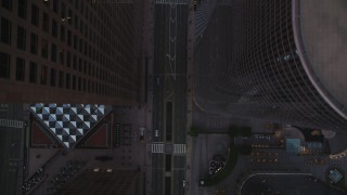 5K aerial stock footage of a bird's eye of Grand Avenue through center of Downtown Los Angeles at twilight, California Aerial Stock Footage | DCLA_258