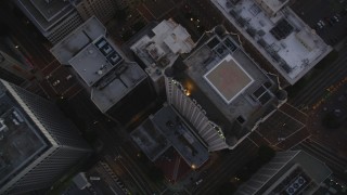 5K aerial stock footage of a bird's eye view of streets through Downtown Los Angeles at twilight, California Aerial Stock Footage | DCLA_261