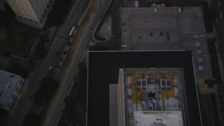 5K aerial stock footage bird's eye of city streets around office building in Downtown Los Angeles at twilight, California Aerial Stock Footage | DCLA_265