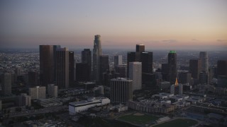 5K aerial stock footage of Downtown Los Angeles skyline at twilight in winter, California Aerial Stock Footage | DCLA_267