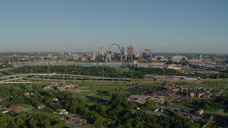 5.7K aerial stock footage wide angle of skyline and Arch from interstate and park, sunrise, Downtown St. Louis, Missouri Aerial Stock Footage | DX0001_000550