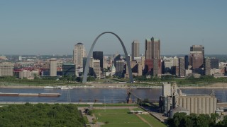 5.7K aerial stock footage of grain elevator, Arch and skyline, Downtown St. Louis, Missouri Aerial Stock Footage | DX0001_000572