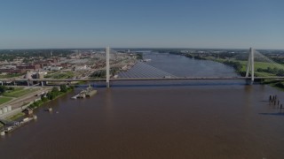 DX0001_000588 - 5.7K aerial stock footage of passing a cable-stayed bridge spanning the Mississippi River, St. Louis, Missouri