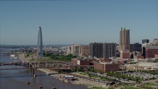 5.7K aerial stock footage of the Gateway Arch and skyscrapers in Downtown St. Louis, Missouri Aerial Stock Footage | DX0001_000593