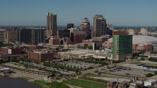 5.7K aerial stock footage fly away from Lumière Place Casino and Four Seasons in Downtown St. Louis, Missouri Aerial Stock Footage | DX0001_000609