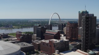 5.7K aerial stock footage flyby office buildings and skyscrapers near Gateway Arch in Downtown St. Louis, Missouri Aerial Stock Footage | DX0001_000624