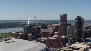 5.7K aerial stock footage top of Gateway Arch and downtown buildings seen from the stadium in Downtown St. Louis, Missouri Aerial Stock Footage | DX0001_000628