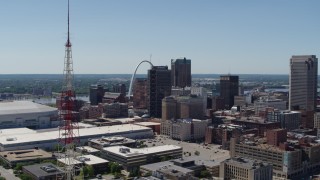 5.7K aerial stock footage a view of Downtown St. Louis, Missouri, revealing a radio tower Aerial Stock Footage | DX0001_000630