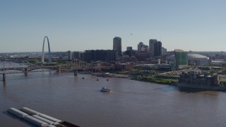 5.7K aerial stock footage flying away from the Arch, Downtown St. Louis, Missouri, and the Mississippi River Aerial Stock Footage | DX0001_000646