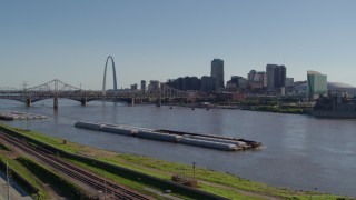 DX0001_000655 - 5.7K aerial stock footage of Downtown St. Louis, Missouri seen from train tracks in East St. Louis, Illinois