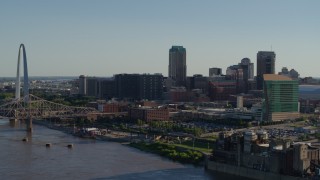 5.7K aerial stock footage of a slow approach to Downtown St. Louis, Missouri from the river Aerial Stock Footage | DX0001_000662