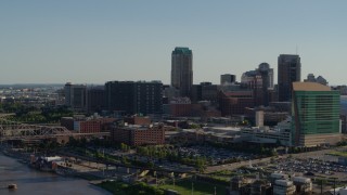 5.7K aerial stock footage a slow approach to hotel casino and the skyline of Downtown St. Louis, Missouri Aerial Stock Footage | DX0001_000663