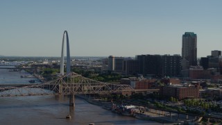 5.7K aerial stock footage of a view of the Martin Luther King Bridge and Gateway Arch in Downtown St. Louis, Missouri Aerial Stock Footage | DX0001_000664