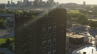 DX0001_000670 - 5.7K aerial stock footage of orbiting an abandoned building in East St. Louis, Illinois