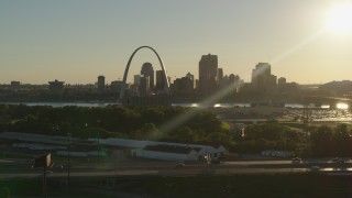 DX0001_000694 - 5.7K aerial stock footage of the Downtown St. Louis, Missouri skyline at sunset