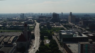 5.7K aerial stock footage of a reverse view of St. Louis Union Station Hotel on Market Street in Downtown St. Louis, Missouri Aerial Stock Footage | DX0001_000797