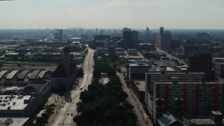 5.7K aerial stock footage a stationary view of St. Louis Union Station Hotel, Market Street, and buildings in Downtown St. Louis, Missouri Aerial Stock Footage | DX0001_000798