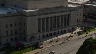 5.7K aerial stock footage flying away from the opera house in Downtown St. Louis, Missouri Aerial Stock Footage | DX0001_000807