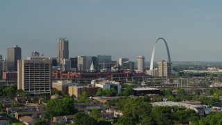 5.7K aerial stock footage of office building and stadium near the Gateway Arch in Downtown St. Louis, Missouri Aerial Stock Footage | DX0001_000810