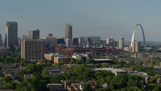 5.7K aerial stock footage of the stadium and office building near the Gateway Arch in Downtown St. Louis, Missouri Aerial Stock Footage | DX0001_000816