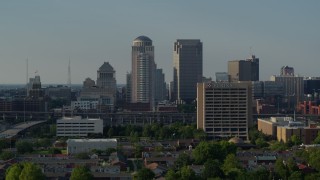 5.7K aerial stock footage of a pair of skyscrapers and an office building in Downtown St. Louis, Missouri Aerial Stock Footage | DX0001_000822