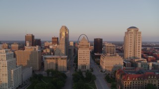 5.7K aerial stock footage of descending near the courthouses and downtown at sunset, Downtown St. Louis, Missouri Aerial Stock Footage | DX0001_000865