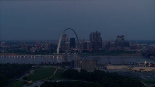 5.7K aerial stock footage view across the river of the the Gateway Arch at twilight, Downtown St. Louis, Missouri Aerial Stock Footage | DX0001_000901