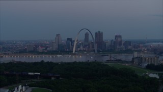 5.7K aerial stock footage of the Mississippi River, the Gateway Arch, and Downtown St. Louis, Missouri, twilight Aerial Stock Footage | DX0001_000905