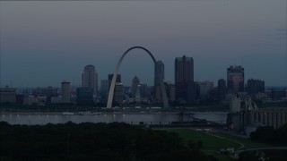 5.7K aerial stock footage flyby Gateway Arch and the skyline of Downtown St. Louis, Missouri, at twilight Aerial Stock Footage | DX0001_000913