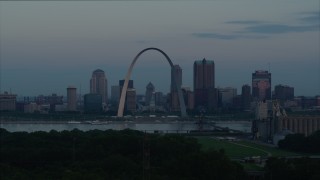 5.7K aerial stock footage flyby the Arch and skyline in Downtown St. Louis, Missouri, by Mississippi River at sunrise Aerial Stock Footage | DX0001_000926