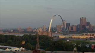 5.7K aerial stock footage of morning sunlight on the St. Louis Arch in Downtown St. Louis, Missouri Aerial Stock Footage | DX0001_000951