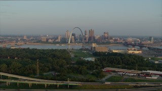 5.7K aerial stock footage a reverse view of the Gateway Arch in the morning, reveal I-55, Downtown St. Louis, Missouri Aerial Stock Footage | DX0001_000958