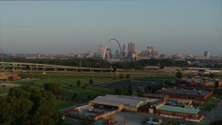 5.7K aerial stock footage approach I-55 and ascend for view of the Gateway Arch in the morning, Downtown St. Louis, Missouri Aerial Stock Footage | DX0001_000959