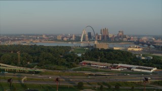 5.7K aerial stock footage of the Gateway Arch seen from I-55 in East St. Louis in the morning, Downtown St. Louis, Missouri Aerial Stock Footage | DX0001_000967