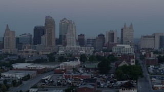 5.7K aerial stock footage of the city's tall skyscrapers at twilight in Downtown Kansas City, Missouri Aerial Stock Footage | DX0001_000981