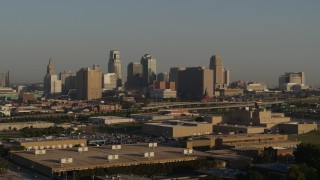 5.7K aerial stock footage flyby the downtown skyline at sunrise, Downtown Kansas City, Missouri Aerial Stock Footage | DX0001_001015