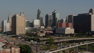 5.7K aerial stock footage flyby a city office building and skyscrapers in Downtown Kansas City, Missouri Aerial Stock Footage | DX0001_001049