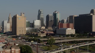 5.7K aerial stock footage stationary view of a city office building and skyscrapers in Downtown Kansas City, Missouri Aerial Stock Footage | DX0001_001050