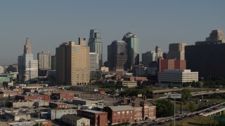 5.7K aerial stock footage slow approach to office building and skyscrapers in Downtown Kansas City, Missouri Aerial Stock Footage | DX0001_001055