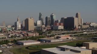 5.7K aerial stock footage of a view of the city's skyline from east of the freeway in Downtown Kansas City, Missouri Aerial Stock Footage | DX0001_001057