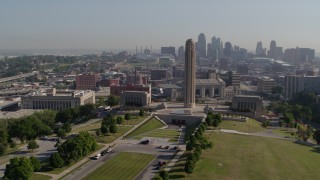 5.7K aerial stock footage of orbiting WWI memorial, downtown skyline in background, in Kansas City, Missouri Aerial Stock Footage | DX0001_001066