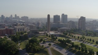 5.7K aerial stock footage of a stationary view of the WWI memorial in Kansas City, Missouri Aerial Stock Footage | DX0001_001067