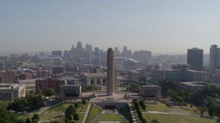 5.7K aerial stock footage fly away from the WWI memorial and skyline in Kansas City, Missouri Aerial Stock Footage | DX0001_001076