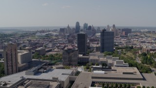 5.7K aerial stock footage of the city skyline seen from Crown Center office buildings, Downtown Kansas City, Missouri Aerial Stock Footage | DX0001_001084